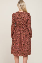 Mauve Animal Print Smocked Long Sleeve Maternity Midi Dress