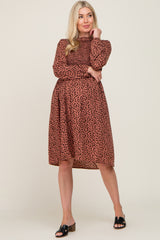 Mauve Animal Print Smocked Long Sleeve Maternity Midi Dress