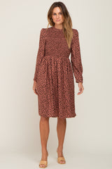 Mauve Animal Print Smocked Long Sleeve Maternity Midi Dress