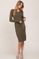 Olive Knit Button Accent Dress