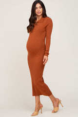 Rust Ribbed Knit Long Sleeve Collared Maternity Midi Dress