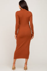 Rust Ribbed Knit Long Sleeve Collared Maternity Midi Dress