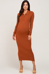 Rust Ribbed Knit Long Sleeve Collared Maternity Midi Dress