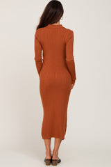 Rust Ribbed Knit Long Sleeve Collared Midi Dress