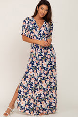 Navy Floral V-Neck Side Slit Maternity Maxi Dress