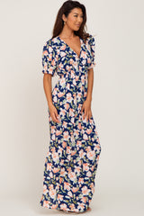 Navy Floral V-Neck Side Slit Maxi Dress