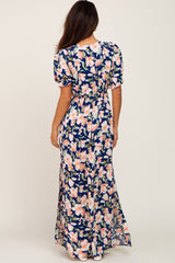 Navy Floral V-Neck Side Slit Maxi Dress