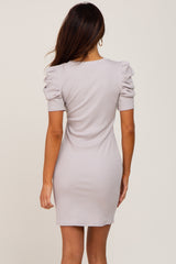 Light Taupe Ribbed Puff Sleeve Dress