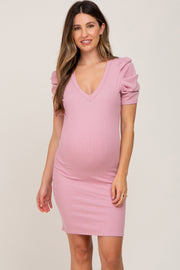 Pink Ribbed Puff Sleeve Maternity Dress