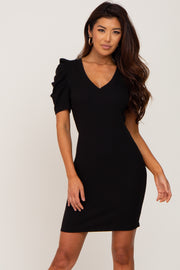 Black Ribbed Puff Sleeve Dress