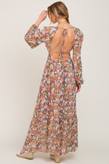 Multi-Color Floral Open Back Chiffon Maxi Dress