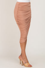 Mocha Ruched Wrap Front Midi Skirt