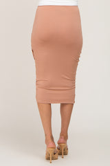 Mocha Ruched Wrap Front Midi Skirt