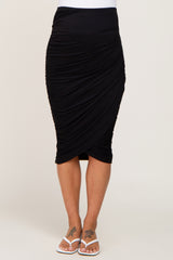 Black Ruched Wrap Front Maternity Midi Skirt