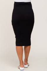 Black Ruched Wrap Front Maternity Midi Skirt