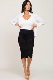 Black Ruched Wrap Front Midi Skirt