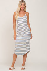 White Sleeveless Ribbed Striped Midi Dress