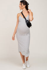 White Sleeveless Ribbed Striped Maternity Midi Dress