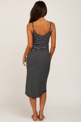 Black Sleeveless Ribbed Striped Midi Dress