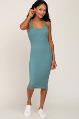 Teal Ribbed Fitted Sleeveless Dress