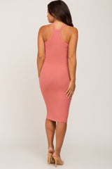 Rust Ribbed Fitted Sleeveless Maternity Dress