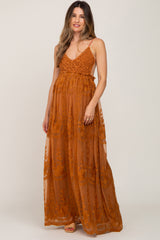 Camel Crochet Lace Open Back Maternity Maxi Dress