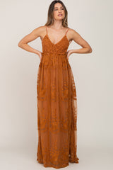 Camel Crochet Lace Open Back Maternity Maxi Dress