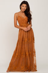 Camel Crochet Lace Open Back Maternity Maxi Dress