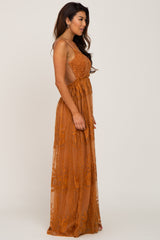 Camel Crochet Lace Open Back Maxi Dress