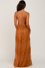 Camel Crochet Lace Open Back Maxi Dress