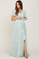 Mint Green Floral Applique Chiffon Maternity Maxi Dress