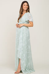 Mint Green Floral Applique Chiffon Maternity Maxi Dress