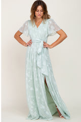 Mint Green Floral Applique Chiffon Maternity Maxi Dress