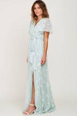 Mint Green Floral Applique Chiffon Maxi Dress