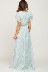 Mint Green Floral Applique Chiffon Maxi Dress