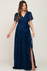 Navy Blue Floral Applique Chiffon Maternity Maxi Dress