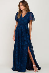 Navy Blue Floral Applique Chiffon Maternity Maxi Dress