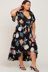 Black Floral Hi-Lo Plus Wrap Dress