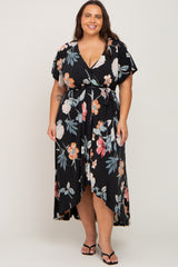 Black Floral Hi-Lo Plus Wrap Dress