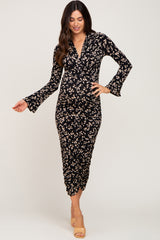 Black Printed Long Sleeve Ruched Maternity Dress