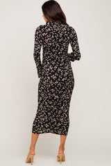 Black Printed Long Sleeve Ruched Maternity Dress