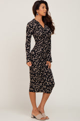 Black Printed Long Sleeve Ruched Dress