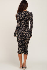 Black Printed Long Sleeve Ruched Dress