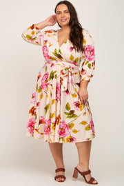 Cream Floral Wrap Front Sash Waist Plus Midi Dress