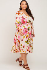 Cream Floral Wrap Front Sash Waist Plus Midi Dress