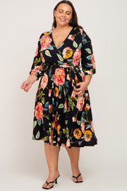 Black Floral Wrap Front Sash Waist Plus Midi Dress