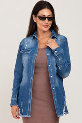 Blue Distressed Frayed Hem Denim Jacket