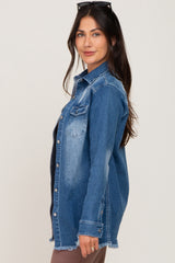 Blue Distressed Frayed Hem Denim Jacket