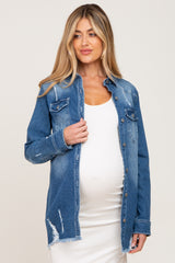 Blue Distressed Frayed Hem Maternity Denim Jacket