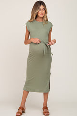 Sage Fitted Side Slit Maternity Midi Dress